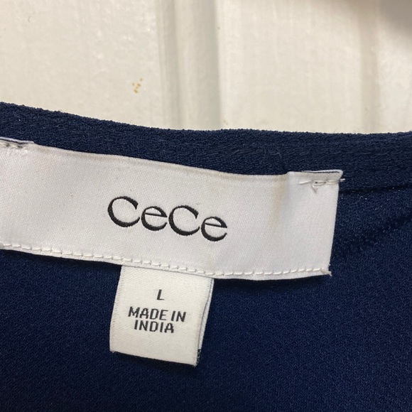 CeCe Dark Blue Top with Sheer Floral Sleeves - Picture 2 of 6